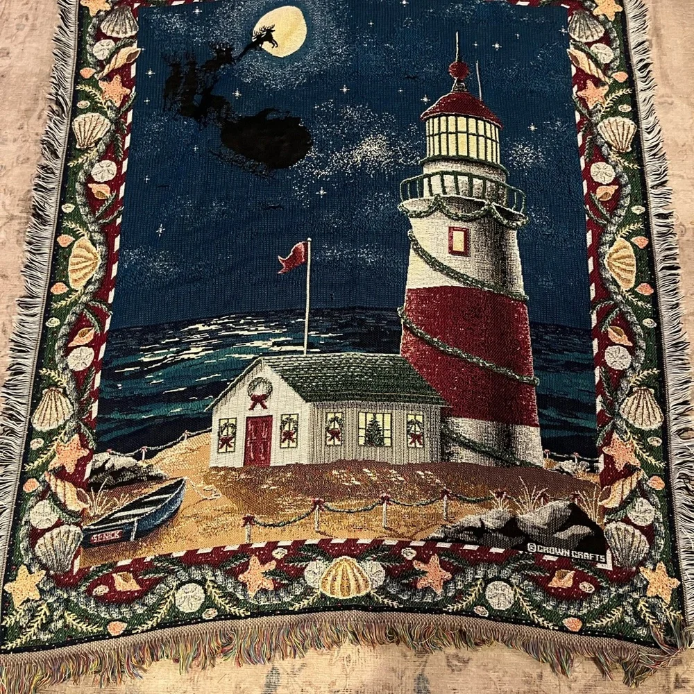 Crown Crafts Tapestry Throw Blanket Christmas St. Nick Lighthouse Sleigh
